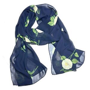 Zazou Luxe Oblong Silk Chiffon Scarf Navy Blue Floral Roses Hand Rolled